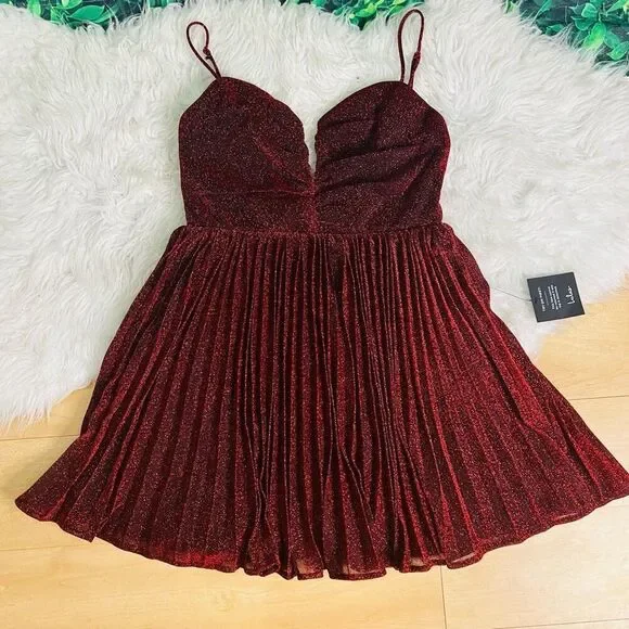 Lulus Shine Tonight Red Sparkly Pleated Skater Dress - Picture 5 of 12